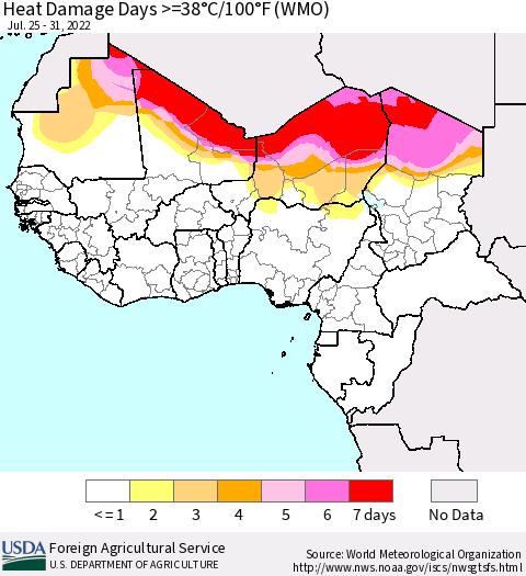 Western Africa Heat Damage Days >=38°C/100°F (WMO) Thematic Map For 7/25/2022 - 7/31/2022