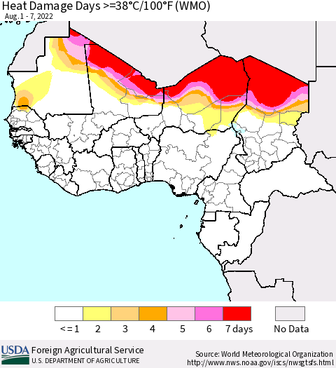 Western Africa Heat Damage Days >=38°C/100°F (WMO) Thematic Map For 8/1/2022 - 8/7/2022
