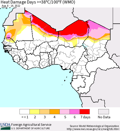 Western Africa Heat Damage Days >=38°C/100°F (WMO) Thematic Map For 8/8/2022 - 8/14/2022