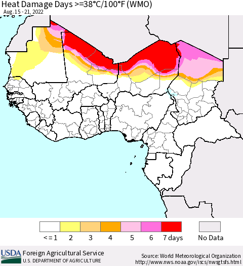 Western Africa Heat Damage Days >=38°C/100°F (WMO) Thematic Map For 8/15/2022 - 8/21/2022