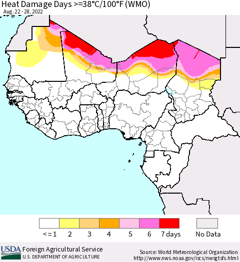 Western Africa Heat Damage Days >=38°C/100°F (WMO) Thematic Map For 8/22/2022 - 8/28/2022