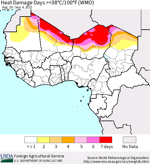 Western Africa Heat Damage Days >=38°C/100°F (WMO) Thematic Map For 8/29/2022 - 9/4/2022