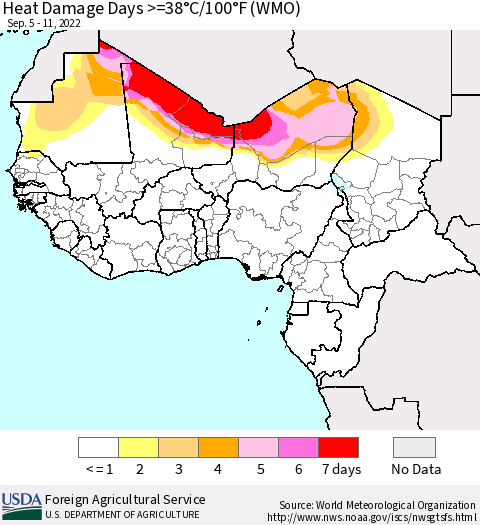Western Africa Heat Damage Days >=38°C/100°F (WMO) Thematic Map For 9/5/2022 - 9/11/2022