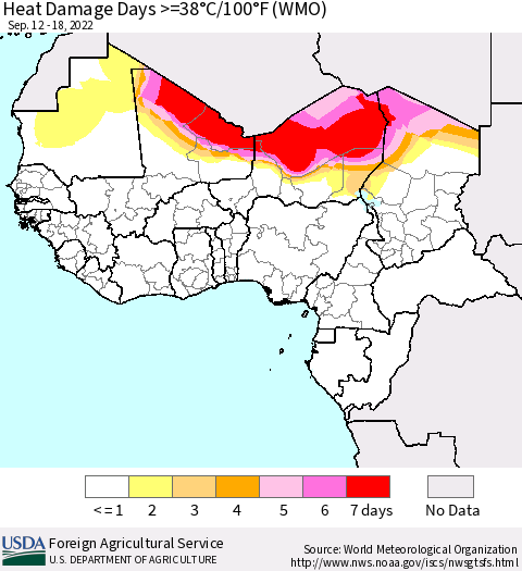 Western Africa Heat Damage Days >=38°C/100°F (WMO) Thematic Map For 9/12/2022 - 9/18/2022
