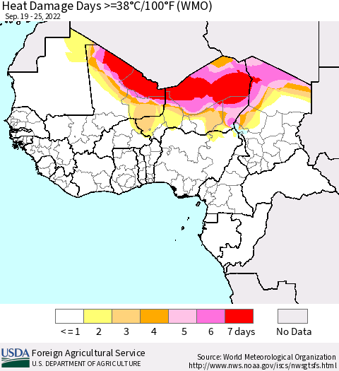 Western Africa Heat Damage Days >=38°C/100°F (WMO) Thematic Map For 9/19/2022 - 9/25/2022
