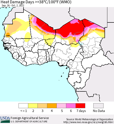 Western Africa Heat Damage Days >=38°C/100°F (WMO) Thematic Map For 9/26/2022 - 10/2/2022