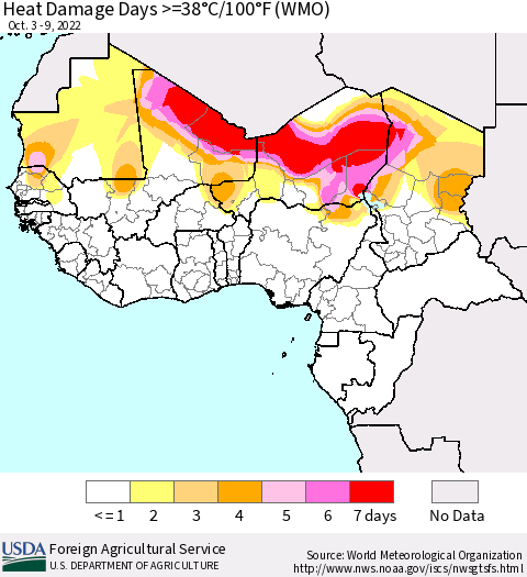Western Africa Heat Damage Days >=38°C/100°F (WMO) Thematic Map For 10/3/2022 - 10/9/2022
