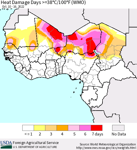 Western Africa Heat Damage Days >=38°C/100°F (WMO) Thematic Map For 10/10/2022 - 10/16/2022