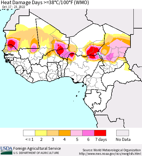 Western Africa Heat Damage Days >=38°C/100°F (WMO) Thematic Map For 10/17/2022 - 10/23/2022