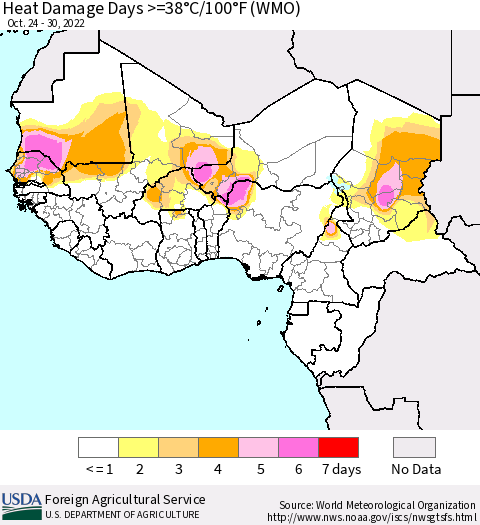 Western Africa Heat Damage Days >=38°C/100°F (WMO) Thematic Map For 10/24/2022 - 10/30/2022