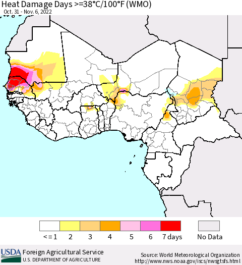 Western Africa Heat Damage Days >=38°C/100°F (WMO) Thematic Map For 10/31/2022 - 11/6/2022