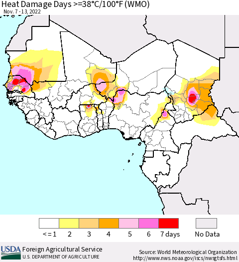 Western Africa Heat Damage Days >=38°C/100°F (WMO) Thematic Map For 11/7/2022 - 11/13/2022