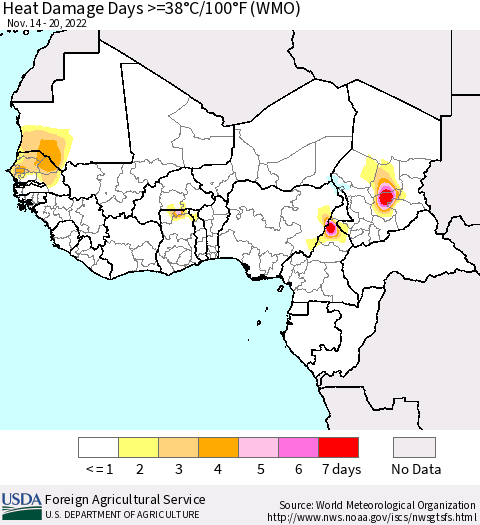 Western Africa Heat Damage Days >=38°C/100°F (WMO) Thematic Map For 11/14/2022 - 11/20/2022