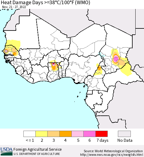 Western Africa Heat Damage Days >=38°C/100°F (WMO) Thematic Map For 11/21/2022 - 11/27/2022