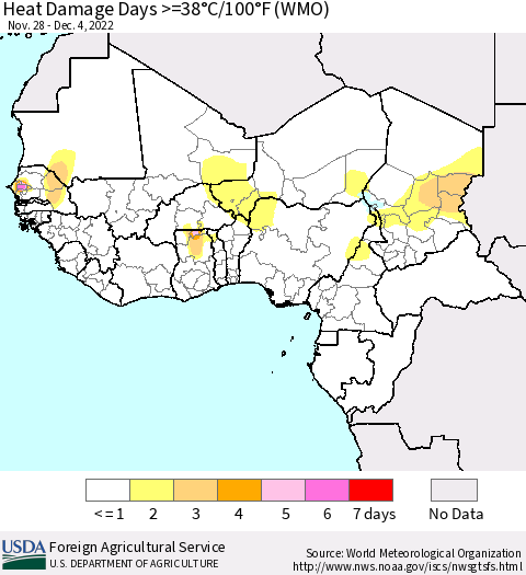 Western Africa Heat Damage Days >=38°C/100°F (WMO) Thematic Map For 11/28/2022 - 12/4/2022