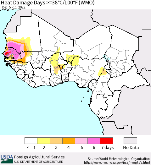 Western Africa Heat Damage Days >=38°C/100°F (WMO) Thematic Map For 12/5/2022 - 12/11/2022