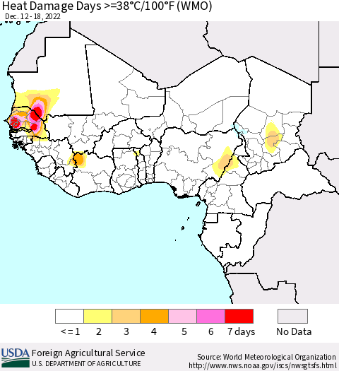 Western Africa Heat Damage Days >=38°C/100°F (WMO) Thematic Map For 12/12/2022 - 12/18/2022