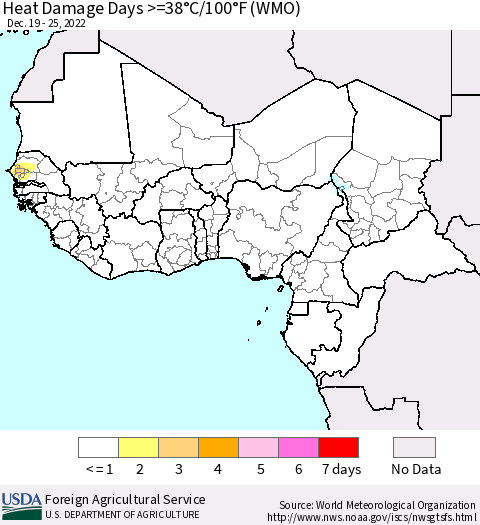 Western Africa Heat Damage Days >=38°C/100°F (WMO) Thematic Map For 12/19/2022 - 12/25/2022