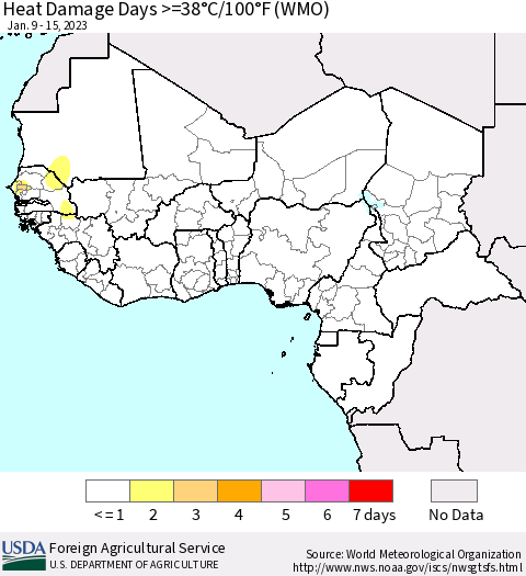 Western Africa Heat Damage Days >=38°C/100°F (WMO) Thematic Map For 1/9/2023 - 1/15/2023