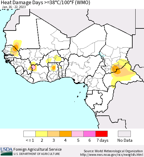 Western Africa Heat Damage Days >=38°C/100°F (WMO) Thematic Map For 1/16/2023 - 1/22/2023