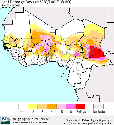 Western Africa Heat Damage Days >=38°C/100°F (WMO) Thematic Map For 1/23/2023 - 1/29/2023
