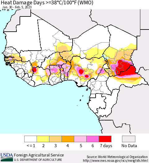Western Africa Heat Damage Days >=38°C/100°F (WMO) Thematic Map For 1/30/2023 - 2/5/2023