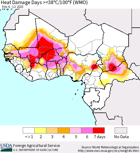 Western Africa Heat Damage Days >=38°C/100°F (WMO) Thematic Map For 2/6/2023 - 2/12/2023