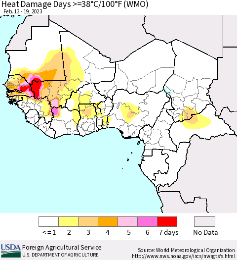 Western Africa Heat Damage Days >=38°C/100°F (WMO) Thematic Map For 2/13/2023 - 2/19/2023