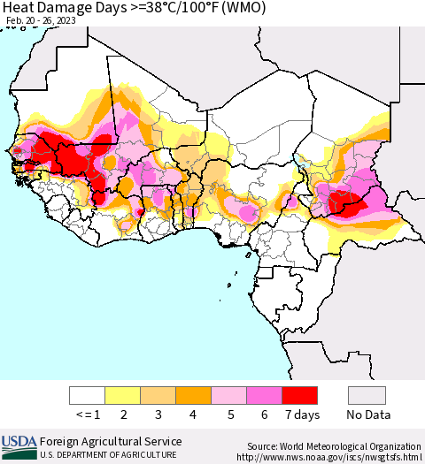 Western Africa Heat Damage Days >=38°C/100°F (WMO) Thematic Map For 2/20/2023 - 2/26/2023