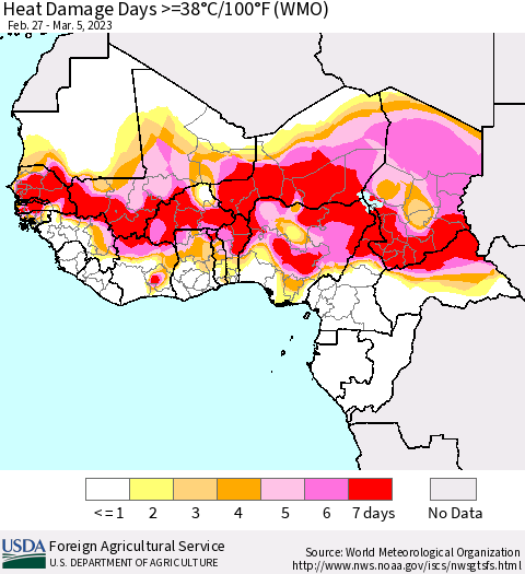 Western Africa Heat Damage Days >=38°C/100°F (WMO) Thematic Map For 2/27/2023 - 3/5/2023