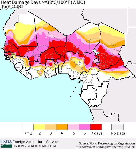 Western Africa Heat Damage Days >=38°C/100°F (WMO) Thematic Map For 3/6/2023 - 3/12/2023