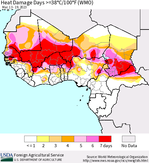 Western Africa Heat Damage Days >=38°C/100°F (WMO) Thematic Map For 3/13/2023 - 3/19/2023