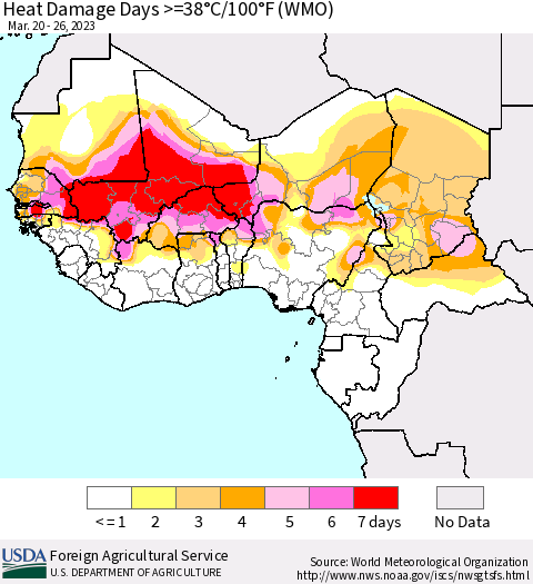 Western Africa Heat Damage Days >=38°C/100°F (WMO) Thematic Map For 3/20/2023 - 3/26/2023