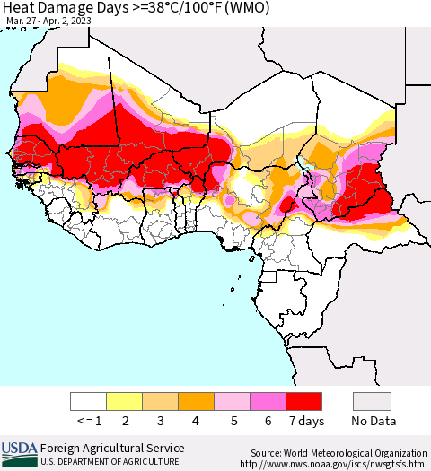 Western Africa Heat Damage Days >=38°C/100°F (WMO) Thematic Map For 3/27/2023 - 4/2/2023