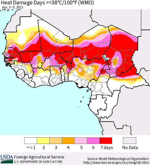 Western Africa Heat Damage Days >=38°C/100°F (WMO) Thematic Map For 4/3/2023 - 4/9/2023