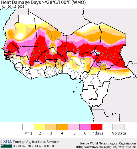 Western Africa Heat Damage Days >=38°C/100°F (WMO) Thematic Map For 4/10/2023 - 4/16/2023