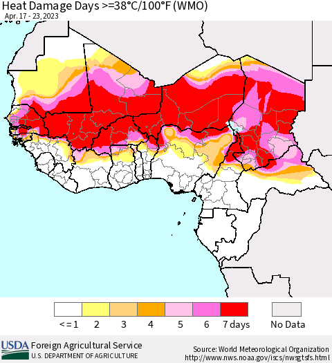 Western Africa Heat Damage Days >=38°C/100°F (WMO) Thematic Map For 4/17/2023 - 4/23/2023