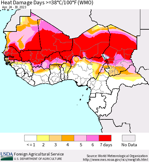 Western Africa Heat Damage Days >=38°C/100°F (WMO) Thematic Map For 4/24/2023 - 4/30/2023