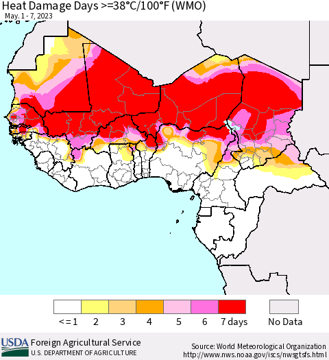 Western Africa Heat Damage Days >=38°C/100°F (WMO) Thematic Map For 5/1/2023 - 5/7/2023