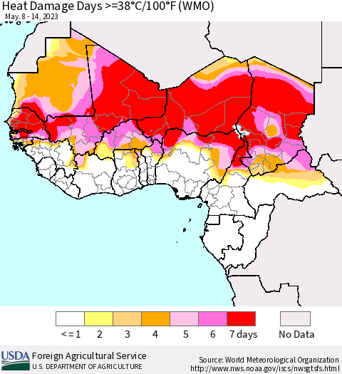 Western Africa Heat Damage Days >=38°C/100°F (WMO) Thematic Map For 5/8/2023 - 5/14/2023