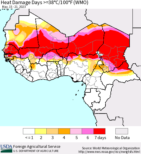 Western Africa Heat Damage Days >=38°C/100°F (WMO) Thematic Map For 5/15/2023 - 5/21/2023