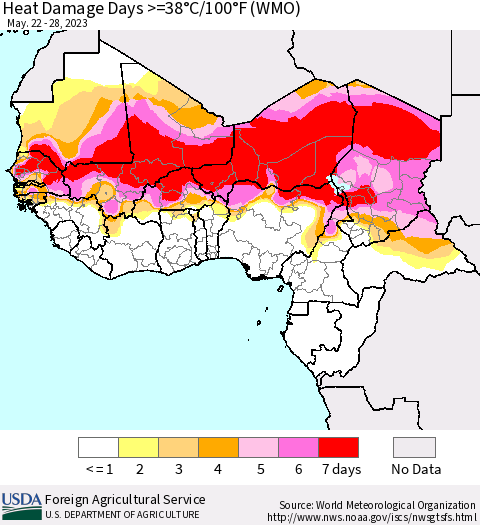 Western Africa Heat Damage Days >=38°C/100°F (WMO) Thematic Map For 5/22/2023 - 5/28/2023