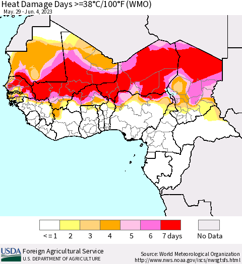 Western Africa Heat Damage Days >=38°C/100°F (WMO) Thematic Map For 5/29/2023 - 6/4/2023