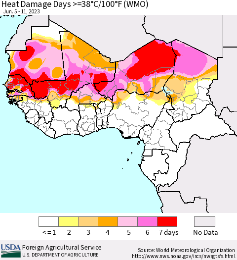 Western Africa Heat Damage Days >=38°C/100°F (WMO) Thematic Map For 6/5/2023 - 6/11/2023