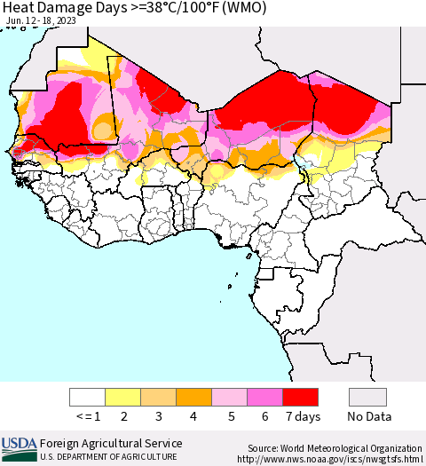 Western Africa Heat Damage Days >=38°C/100°F (WMO) Thematic Map For 6/12/2023 - 6/18/2023