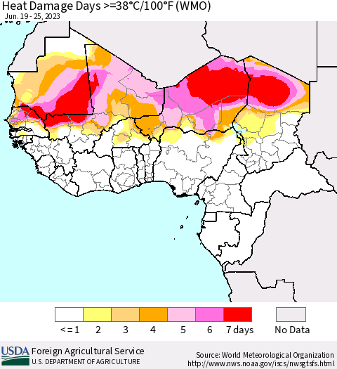 Western Africa Heat Damage Days >=38°C/100°F (WMO) Thematic Map For 6/19/2023 - 6/25/2023