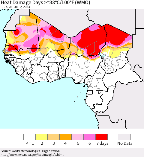Western Africa Heat Damage Days >=38°C/100°F (WMO) Thematic Map For 6/26/2023 - 7/2/2023