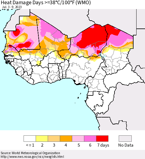 Western Africa Heat Damage Days >=38°C/100°F (WMO) Thematic Map For 7/3/2023 - 7/9/2023