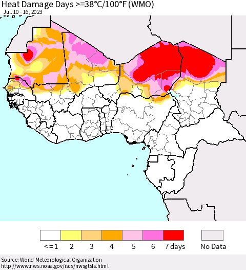 Western Africa Heat Damage Days >=38°C/100°F (WMO) Thematic Map For 7/10/2023 - 7/16/2023