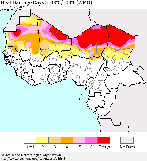Western Africa Heat Damage Days >=38°C/100°F (WMO) Thematic Map For 7/17/2023 - 7/23/2023
